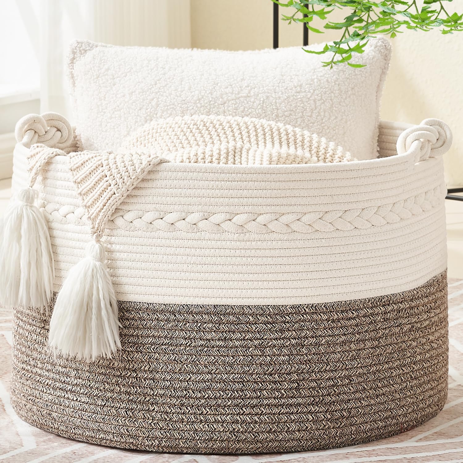 KAKAMAY Large Blanket Basket (20"x13"),Woven Baskets for storage Baby Laundry Hamper