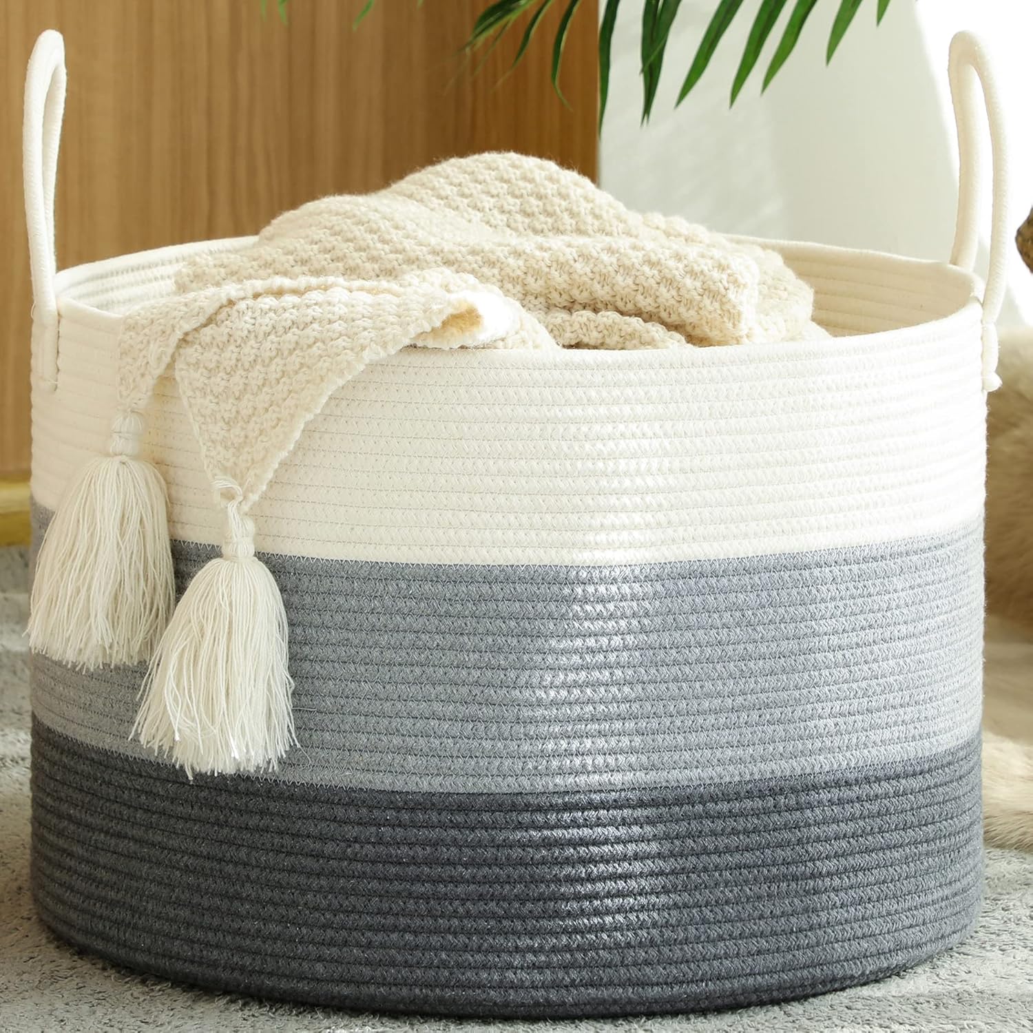 KAKAMAY Large Blanket Basket (20"x13"),Woven Baskets for storage Baby Laundry Hamper