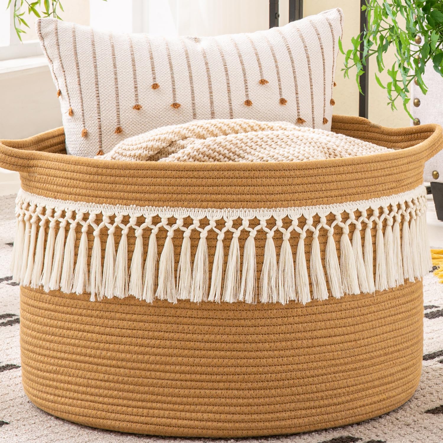 KAKAMAY Large Blanket Basket (20"x13"),Woven Baskets for storage Baby Laundry Hamper