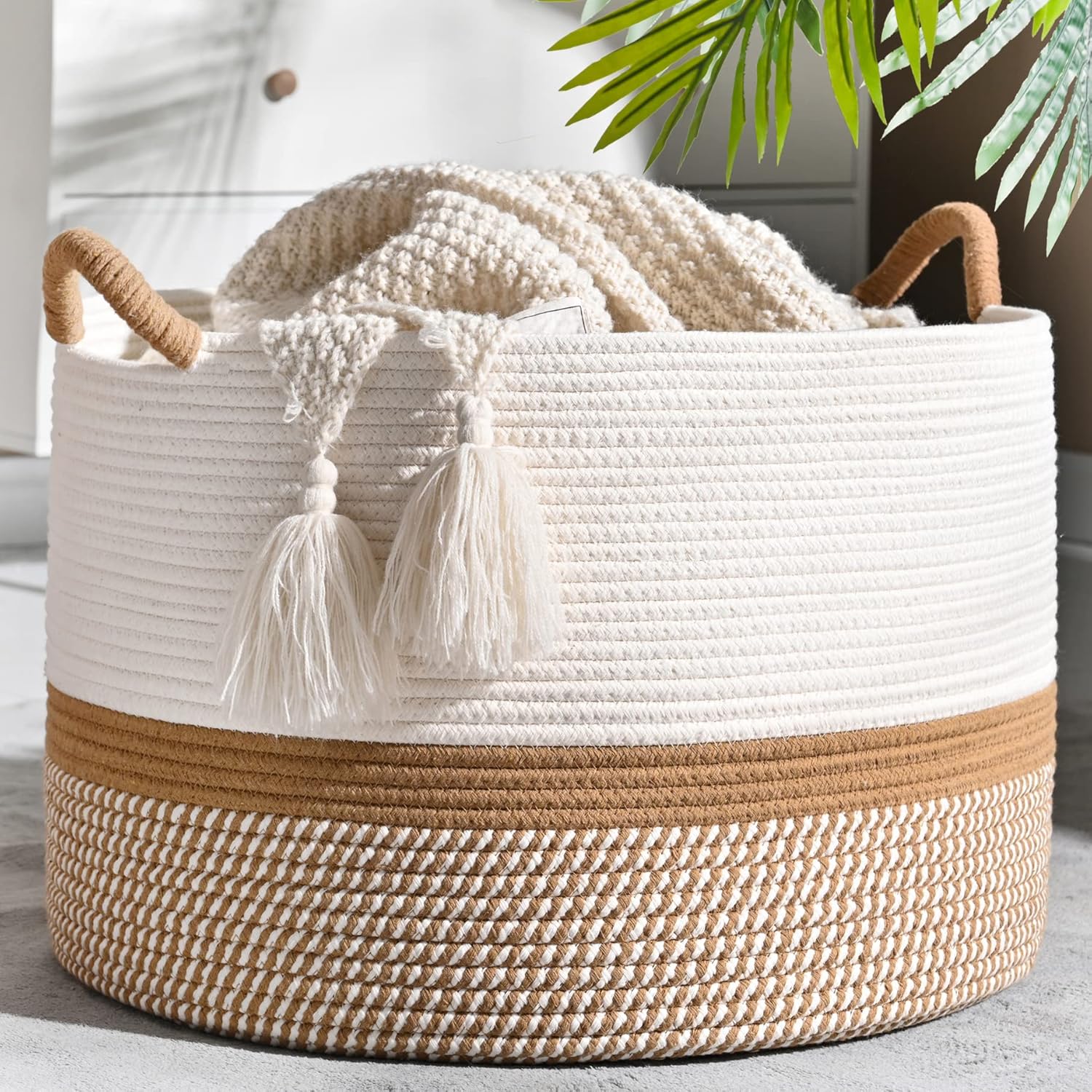 KAKAMAY Large Blanket Basket (20"x13"),Woven Baskets for storage Baby Laundry Hamper