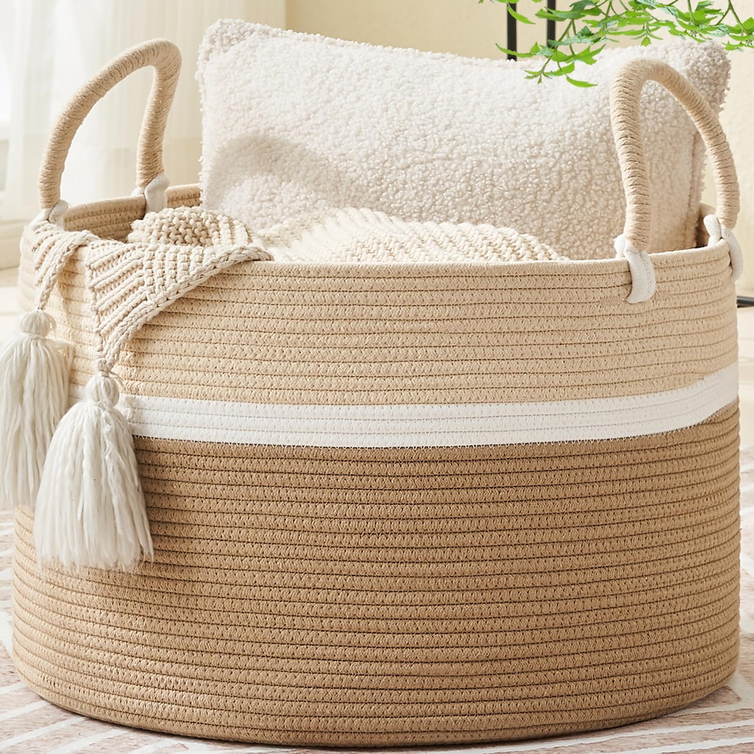 KAKAMAY Large Blanket Basket (20"x13"),Woven Baskets for storage Baby Laundry Hamper